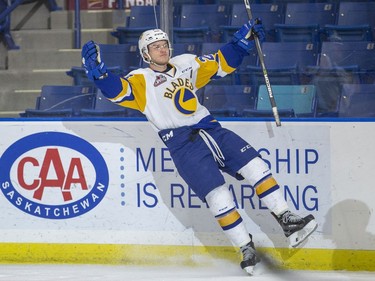 Saskatoon Blades forward  Braylon Shmyr celebrates a goal against the Red Deer Rebels during first period WHL action in Saskatoon, SK on Friday, January 5, 2017.