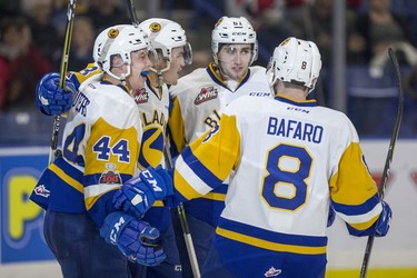 The Saskatoon Blades celebrate a goal against the Red Deer Rebels in third period WHL action in Saskatoon, SK on Friday, January 5, 2017.