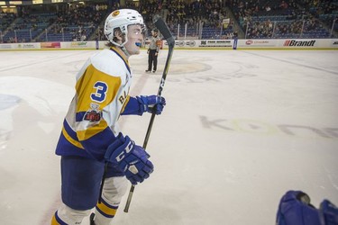 Saskatoon Blades defenceman Jake Kustra celebrates a goal against the Red Deer Rebels in third period WHL action in Saskatoon, SK on Friday, January 5, 2017.