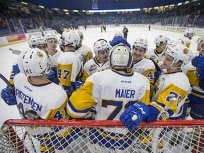 The Saskatoon Blades celebrate their win over the Red Deer Rebels in third period WHL action in Saskatoon, SK on Friday, January 5, 2018.