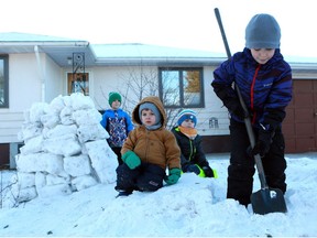 Now that the weather has warmed up, (from left) Dominic Parson, Owen Sayers, Sam Sayers and Morris Parson can finally get outside to build a snow fort in their front yard in Saskatoon on January 7, 2018.