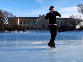 Kaitlin McNabb spins on the new University of Saskatchewan outdoor skating rink during its opening in Saskatoon on January 8, 2018.