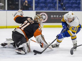 Saskatoon Blades newcomer Max Gerlach moves the puck against the Medicine Hate Tigers during second-period WHL action in Saskatoon on Wednesday, January 10, 2017.