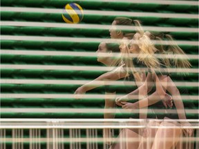 University of Saskatchewan Huskies middle blocker Georgia Hurry, a transfer student from B.C, can be seen in a camera multiple exposure during Huskies practice at the PAC in Saskatoon on Thursday, January 11, 2017. Hurry has been a revelation this season for the U of S women's volleyball squad as they eye a Canada West playoff spot for the first time in 13 years.