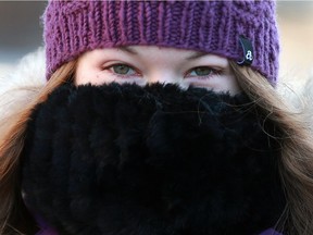 Nell Rodger covers everything but her eyes on her walk down Broadway Avenue during the last day of bitterly cold weather in Saskatoon on January 15, 2018.