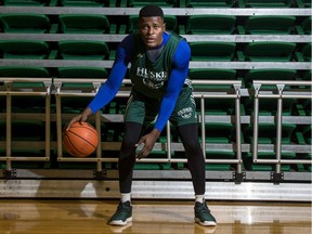 Maxwell Amoafo, a newcomer on the University of Saskatchewan Huskies men's basketball team and a native of Ghana, dribbles a ball at the PAC gym prior to Huskies practice in Saskatoon on Wednesday, January 17, 2018.