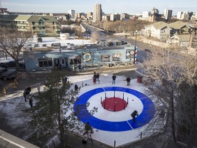 People play crokicurl during a media event put on by the Broadway BID at the intersection of Broadway Avenue and 12th Street East in Saskatoon, SK on Thursday, January 18, 2018.