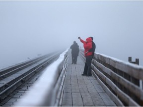 The train bridge was a popular spot for fog selfies in Saskatoon, SK on January 21, 2018.
