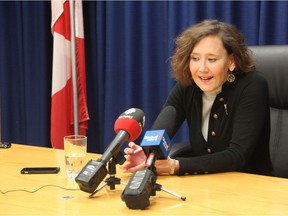 Education Minister Bronwyn Eyre takes questions from members of the media about budgetary concerns raised by the Saskatchewan School Boards Association on Jan. 23, 2018. At a press conference at the cabinet offices in Saskatoon, she said the Ministry of Education is working on potential solutions to address concerns from school boards.