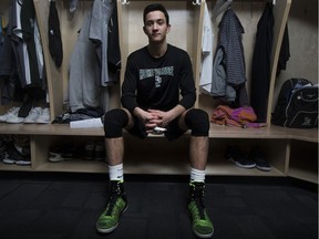 Dylan Mortensen, who is one of the top rookies in Canada West, sits for a portrait in the Huskies Mens Volleyball team room at the University of Saskatchewan PAC in Saskatoon, SK on Thursday, January 25, 2018.