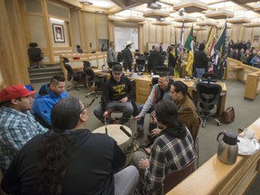 USE FOR WEB  SASKATOON,SK--JANUARY 29/2018-0130 News Urban Reserve- Drummers perform during a special meeting to strike a deal with the Thunderchild First Nation on an urban reserve at city hall in Saskatoon, SK on Monday, January 29, 2018. The urban reserve will be located on the southwest corner of Idylwyld Drive and 33rd Street.