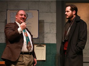 Joshua Beaudry (Inspector Lamb) and Jaron Francis (Hamilton Barnes) Butcher at Persephone Theatre.