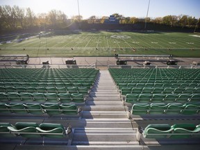 The new seats at SMF field are shown on the east side of the field in Saskatoon on Oct. 3, 2017.