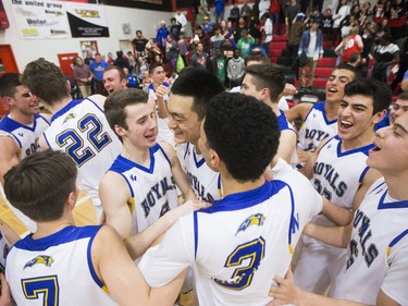 The Handsworth Royals celebrate after winning against the Garden City Gophers during the Championship game at BRIT played at Bedford Road Collegiate in Saskatoon, SK on Saturday, January 13, 2018.