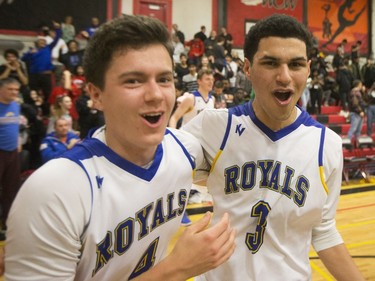 Handsworth Royals guards Jake Horn, left, and Blake McLean celebrate after winning the tournament during the Championship game at BRIT played at Bedford Road Collegiate in Saskatoon, SK on Saturday, January 13, 2018.