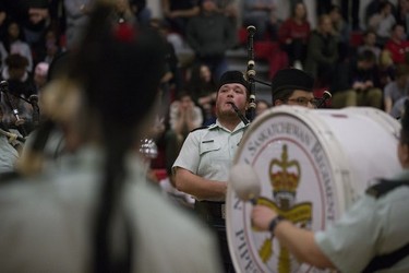 The North Saskatchewan Regiment Pipe and Drums group performs at half time during the Championship game at BRIT played at Bedford Road Collegiate in Saskatoon, SK on Saturday, January 13, 2018.