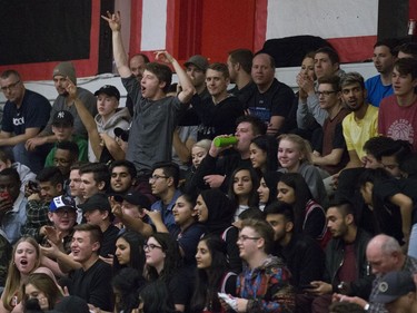 The Crowd at BRIT cheers after a basket was scored during the Championship game at BRIT played at Bedford Road Collegiate in Saskatoon, SK on Saturday, January 13, 2018.