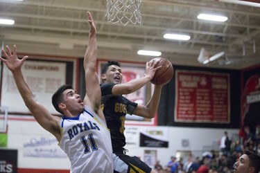 Handsworth Royals forward Ben Grant goes to block Kalen Reyes  during the Championship game at BRIT played at Bedford Road Collegiate in Saskatoon, SK on Saturday, January 13, 2018.