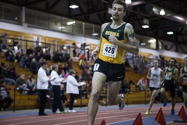 Gregory Hetterley from Regina runs down the track during the Mens 1500 Meter Run during the University of Saskatchewan Huskies annual Sled Dog track and field meet at the Saskatoon Field House in Saskatoon, SK on Saturday, January 13, 2018.