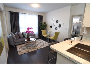 In designing the micro-suites at Sequoia Square in Evergreen, Meridian Development opted for a modern floor plan, creating an open concept great room with lots of flexibility. (Photo: Jeff Lyons)