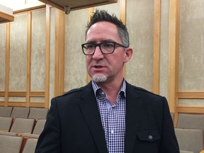 Saskatoon entrepreneur Clayton Sparks speaks to reporters at city hall on Monday, Jan. 8, 2018, following a meeting of city council's planning, development and community services committee. Sparks wants to become involved in the marijuana industry once cannabis become legal in Canada in July. (PHIL TANK/The StarPhoenix)