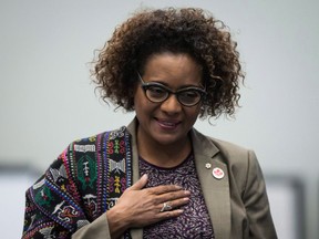 Secretary General of La Francophonie and former governor genera of Canadal Michaelle Jean walks to the podium to address a youth as peace builders working session at the 2017 United Nations Peacekeeping Defence Ministerial conference in Vancouver, B.C., on Tuesday November 14, 2017. Jean is calling US President Donald Trump's remarks on her native country as well as Africa disturbing and an insult before humanity.