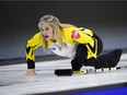 Manitoba skip Jennifer Jones calls the sweep as she takes on the Yukon at the Scotties Tournament of Hearts in Penticton, B.C., on Sunday, Jan. 28, 2018.
