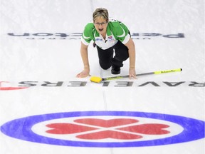 Saskatchewan skip Sherry Anderson calls the sweep while taking on Northern Ontario at the Scotties Tournament of Hearts in Penticton, B.C., on Tuesday, Jan. 30, 2018.