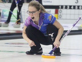 Dayna Demers, who plays second for North Battleford's Robyn Silvernagle, watches her shot this week at the Vitera Scotties provincial women's curling playdowns.