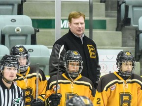 Mike Sarada towers over the bench while coaching the Estevan TS&M Bantam AA Bruins.