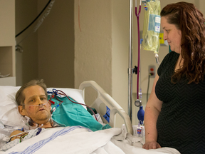Eric Whitbread, who was denied a liver transplant because of past drinking problems, with his wife Aimee Whitbread in the ICU at the Royal University Hospital in Saskatoon.