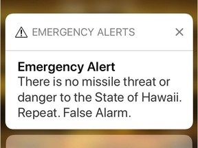 This smartphone screen capture shows the retraction of a false incoming ballistic missile emergency alert sent from the Hawaii Emergency Management Agency system on Saturday, Jan. 13, 2018. Hawaii Sen. Brian Schatz says the false alarm about a missile threat was based on "human error" and was "totally inexcusable."