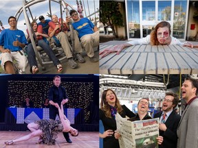 A few highlights from Stephanie McKay's 12 years at The StarPhoenix: (clockwise from top left) Riding the slingshot at the Ex with Cam Fuller, dressing up like a zombie for a Halloween feature, filming an Anchorman spoof with colleagues, competing in Swinging With the Stars.