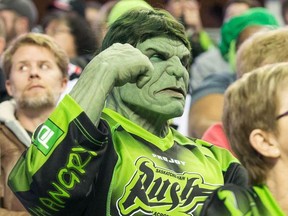 Kelvin Ooms dressed as "Rush Hulk" is seen at a Saskatchewan Rush lacrosse game against the Calgary Roughnecks