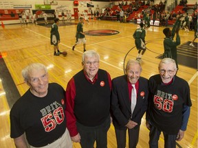 Walter Mudge, left to right, Don Cousins, Merv Houghton, and Carl Chiko, founding members of the BRIT organizing committee return to the Bedford Road gymnasium in Saskatoon on Thursday, January 11, 2018.