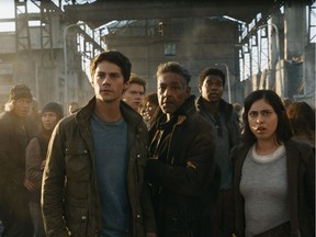 L-R: Thomas (Dylan O'Brien), Newt (Thomas Brodie-Sangster), Cranks leader Jorge (Giancarlo Esposito), Frypan (Dexter Darden), and Brenda (Rosa Salazar).