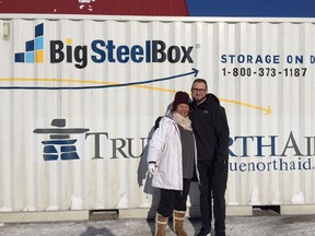Onion Lake Cree Nation donation coordinator Linda Naistus (left) receives a shipment of humanitarian supplies from True North Aid delivered by Joel McComeau of BigSteelBox on Jan. 31, 2018. (Submitted photo)