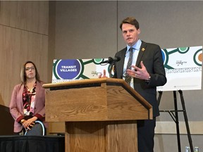 Mayor Charlie Clark (right) and the City of Saskatoon director of planning and development Lesley Anderson give an update to the Plan for Growth Project at TCU Place in Saskatoon on January 17, 2018.