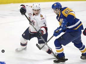 Josh Paterson and the Saskatoon Blades (right), who lost 7-3 to Libor Hajek and the Regina Pats on Wednesday, rebounded with a win Friday night at home against the visiting Edmonton Oil Kings.