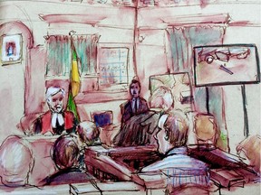 Gerald Stanley, front centre, listens to an expert witness explaining evidence shown on a television in his trial in this courtroom sketch in Battleford, Sask., on Tuesday, Jan. 30, 2018.