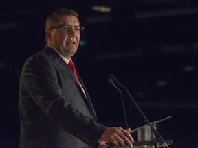 Scott Moe delivers a victory speech moments after winning the Sask. Party leadership race on Saturday.