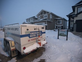 A City of Saskatoon emergency water trailer is parked on Bolstad Turn, in the Aspen Ridge neighbourhood, on Feb. 2018