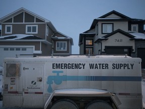 A City of Saskatoon emergency water trailer is parked on Bolstad Turn, in the Aspen Ridge neighbourhood in Saskatoon, SK on Thursday, February 1, 2018. The Water Security Agency issued a warning on Jan. 10 for residents in the houses not to consume water or use it for bathing after an oily substance was found in the water in a fire hydrant in the area.