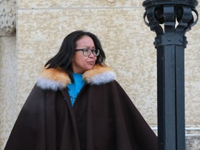 Debbie Baptiste takes a break during day four of the Gerald Stanley second degree murder trial of the shooting death of Colten Boushie at Battleford Court of Queen's Bench on February 1, 2018. (Michelle Berg / Saskatoon StarPhoenix) ORG XMIT: POS1802011200574488