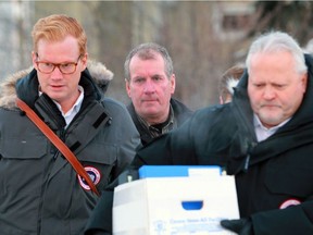 Gerald Stanley (middle) arrives at Battleford Court of Queen's Bench with defence lawyer Scott Spencer (right) on Feb. 1, 2018, which was Day 4 of Stanley's second-degree murder trial in the shooting death of Colten Boushie on Aug. 9, 2016.