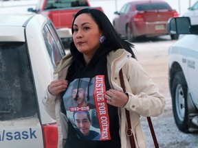 Jade Tootoosis arrives at Battleford Court of Queen's Bench on day four of the Gerald Stanley second degree murder trial of the shooting death of Colten Boushie on February 1, 2018.