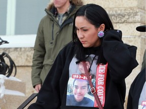 Jade Tootoosis takes a break during day four of the Gerald Stanley second degree murder trial of the shooting death of Colten Boushie at Battleford Court of Queen's Bench on February 1, 2018.