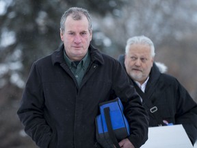 Gerald Stanley, left, with his defence lawyer Scott Spencer enters Battleford Court of Queen's Bench on Feb. 2, 2018, at the start of Day 5 of his second-degree murder trial in connection to the shooting death of Colten Boushie on Aug. 9, 2016.