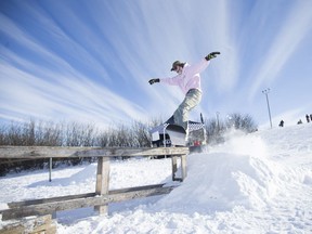Dylan Skalickoy rides down the hill during an event in support of the construction of a recreation park for winter and summer use in Diefenbaker Park in Saskatoon on Saturday, February 3, 2018.