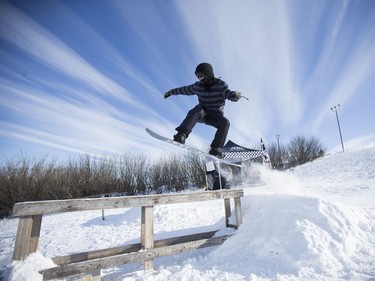 Drew MacBain rides down the hill during an event in support of the construction of a recreation park for winter and summer use in Diefenbaker Park in Saskatoon on Saturday, February 3, 2018.